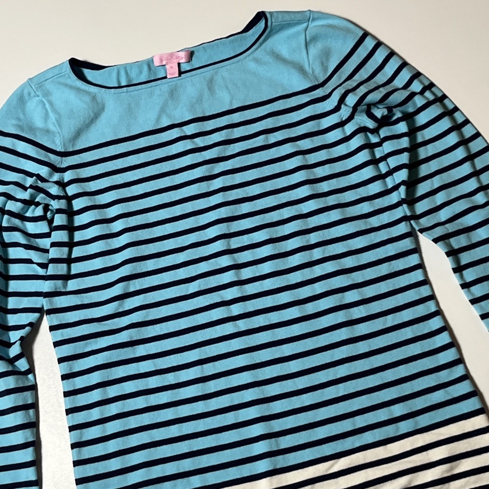 Lilly Pulitzer Blue Navy Striped Boat Neck Knit Top Sweater XL 85285 Coastal